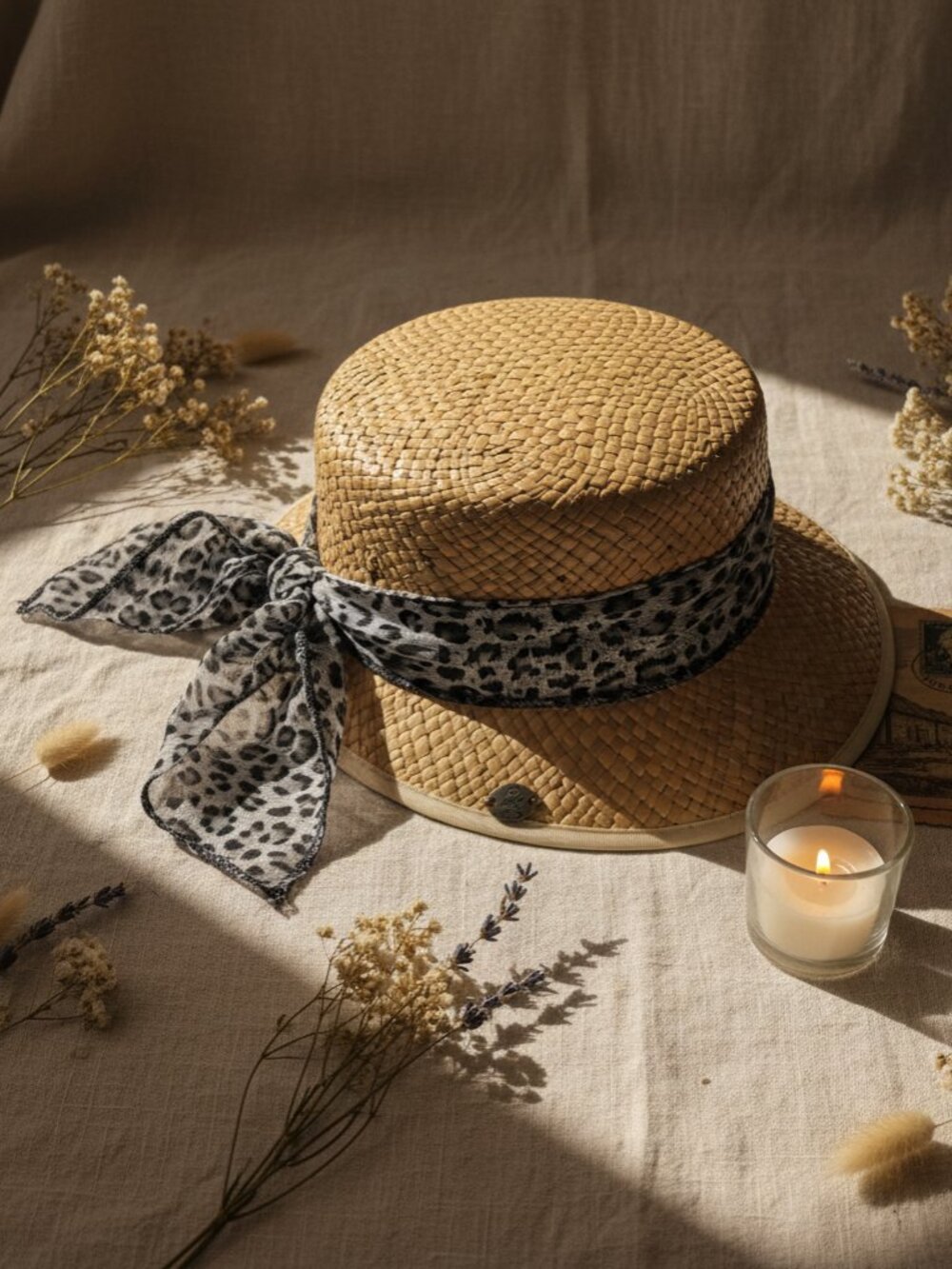 Karfil Natural Straw Boater Hat Grey Leopard Chiffon Scarf Band Wide Brim